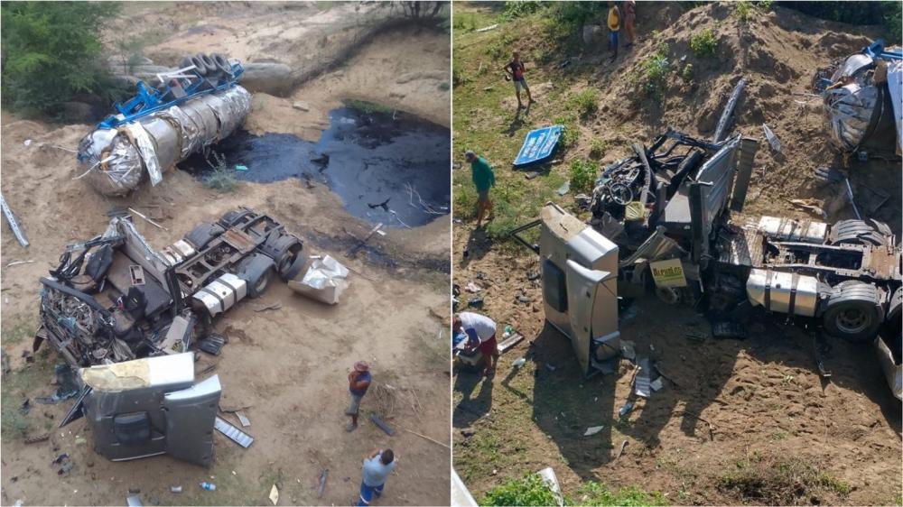 Motorista perde o controle e caminhão-tanque fica completamente destruído após tombar na PB-238, entre Desterro e Taperoá