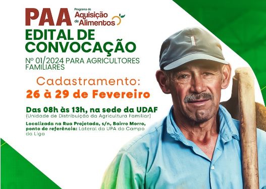 Prefeitura de Patos convoca Agricultores Familiares para apresentação de proposta de fornecimento de alimentos ao PAA