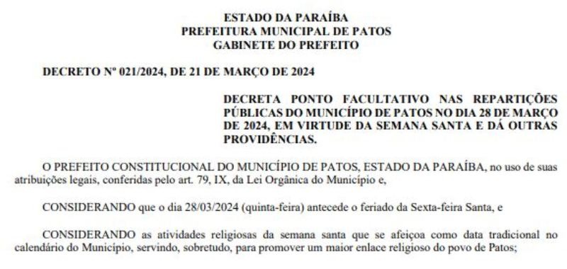 Prefeitura de Patos decreta ponto facultativo na quinta-feira, 28, em virtude da Semana Santa