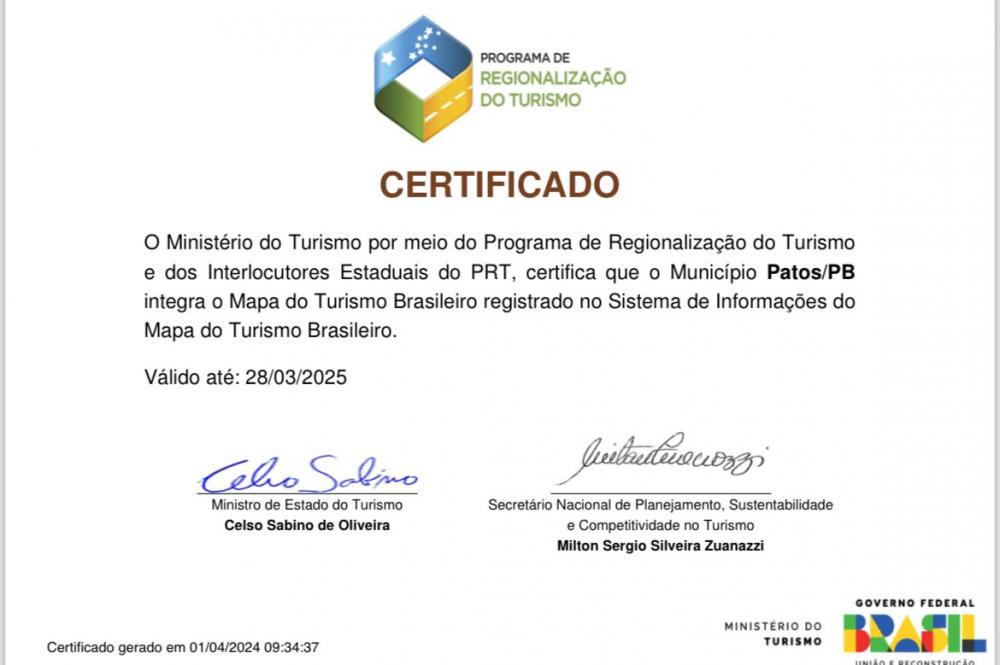 Patos está de volta ao Mapa do Turismo Brasileiro 