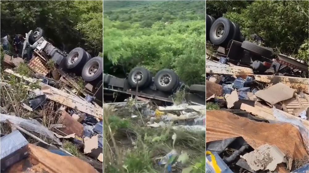 Caminhão carregado com baterias tomba na Serra do Teixeira e Motorista morre preso às ferragens 