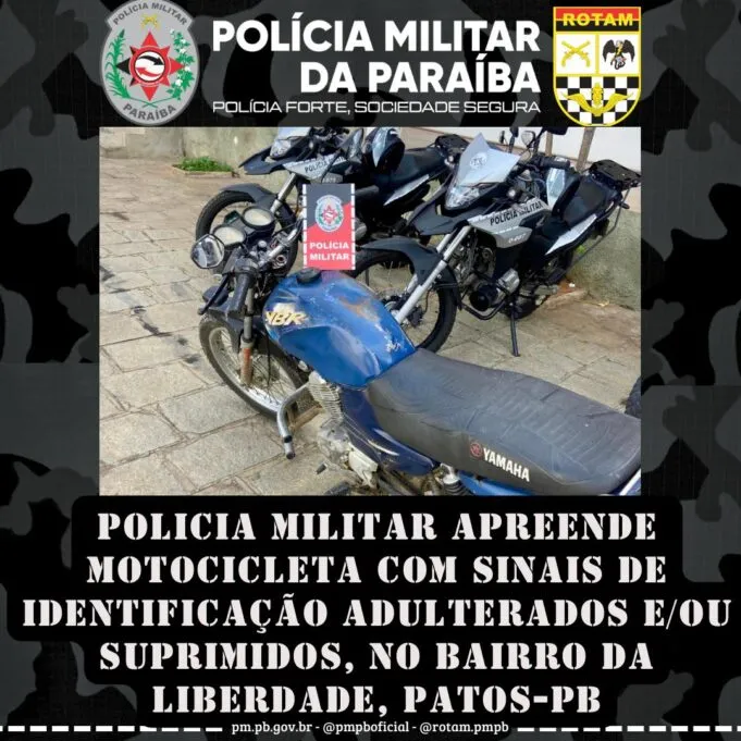 Polícia Militar apreende moto com sinais de identificação veicular adulterados e/ou suprimidos, em Patos