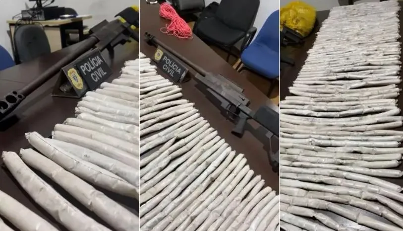 70 bananas de dinamite e fuzil 'capaz de derrubar aviões', pertencentes à quadrilha de ataque a carro-forte, foram apreendidas pela Polícia Civil na zona rural de Condado