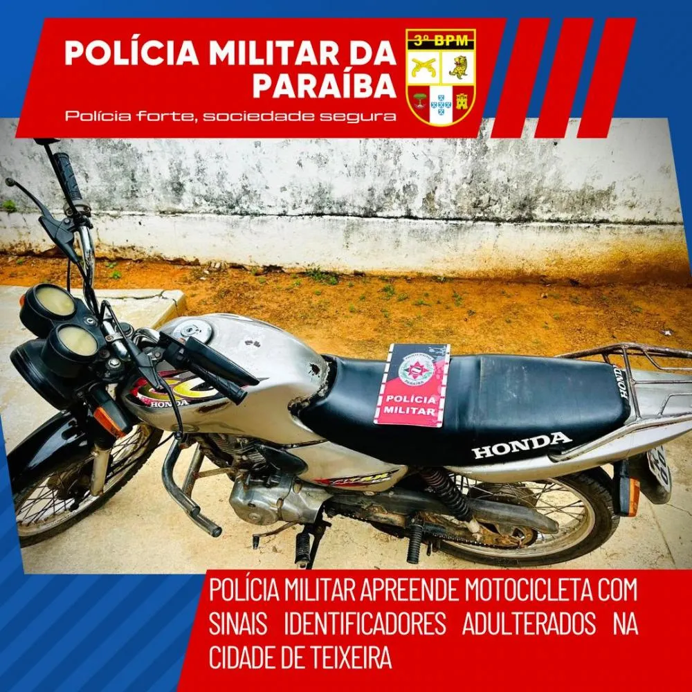 Polícia Militar apreende motocicleta com sinais identificadores adulterados na cidade de Teixeira