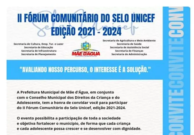 Mãe D’água realiza II Fórum Comunitário do Selo Unicef no dia 10 de junho 