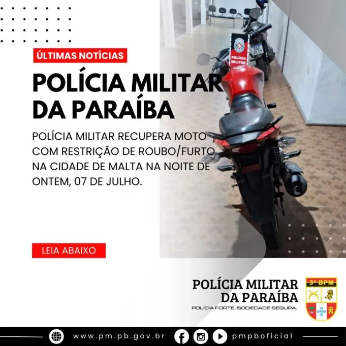 Polícia Militar recupera moto com restrição de roubo/furto em Malta