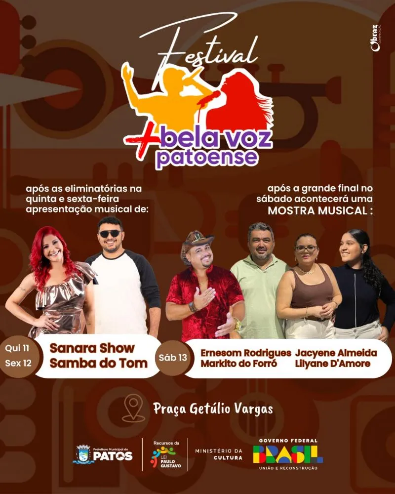 Festival Mais Bela Voz Patoense inicia nesta quinta-feira, 11. Confira programação