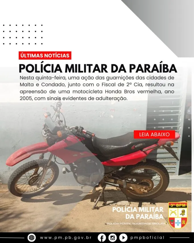 Polícia Militar apreende moto com identificadores adulterados em Malta