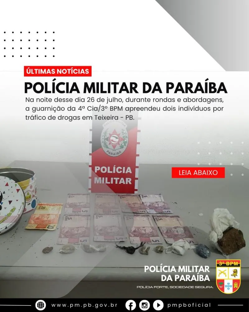 POLÍCIA MILITAR APREENDE DOIS INDIVÍDUOS POR TRÁFICO DE DROGAS EM TEIXEIRA.