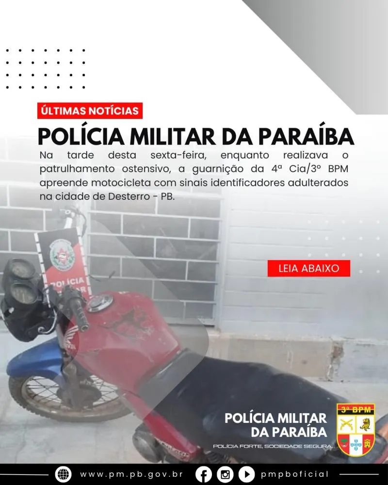 Polícia Militar apreende motocicleta com sinais identificadores adulterados em Desterro