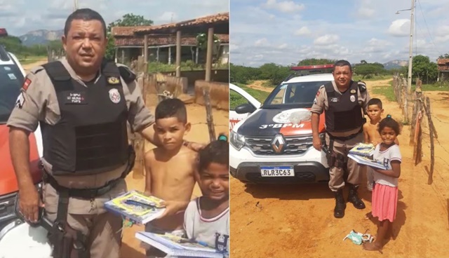 Policiais militares fazem doação de material escolar para crianças carentes da zona rural de São José de Espinharas. Veja vídeo