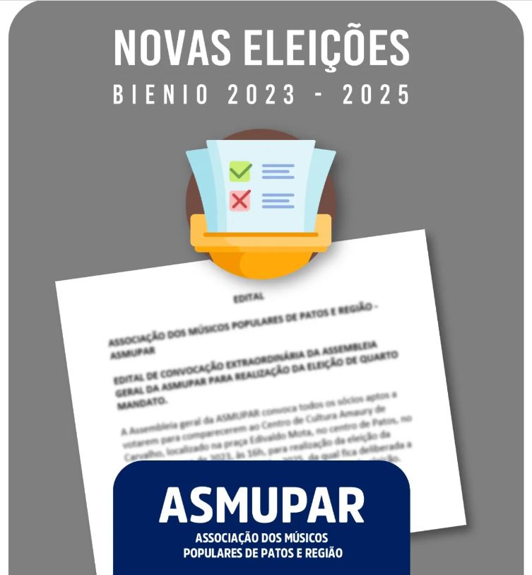 Eleições para nova gestão da Associação dos Músicos Populares de Patos e Região acontece nesta quinta-feira, 02. Confira edital