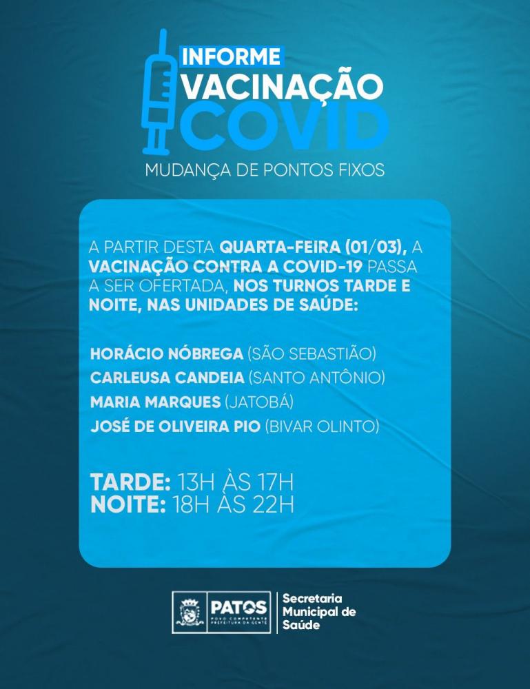 Secretaria de Saúde de Patos informa mudança nos pontos fixos da vacinação contra Covid-19. Confira