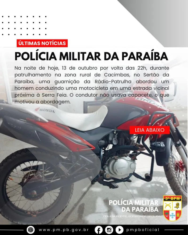 POLÍCIA MILITAR APREENDE MOTOCICLETA COM SINAIS IDENTIFICADORES ADULTERADOS EM CACIMBAS