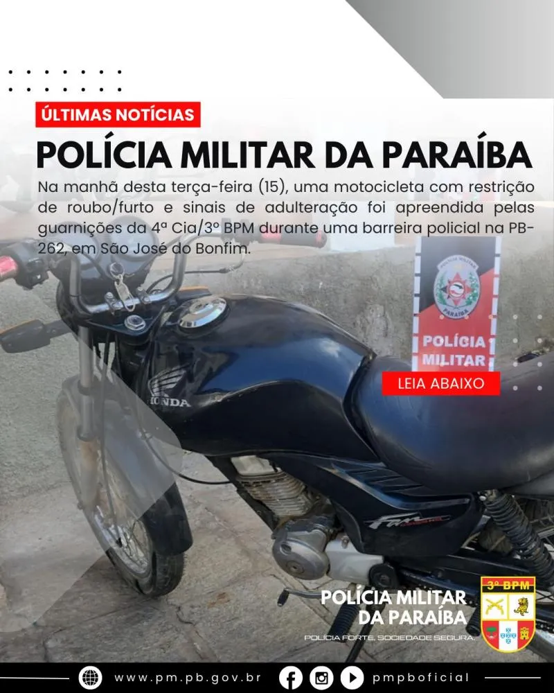 POLÍCIA MILITAR APREENDE MOTOCICLETA COM RESTRIÇÃO DE ROUBO/FURTO DURANTE BARREIRA POLICIAL NA PB-262.