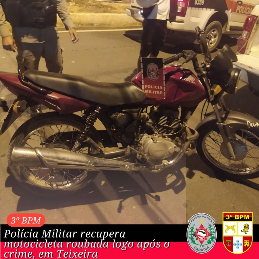 Polícia Militar recupera motocicleta roubada logo após o crime, em Teixeira 