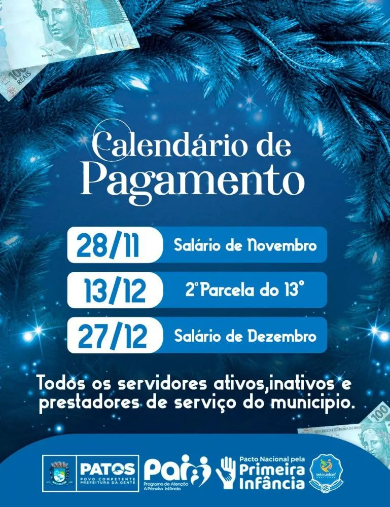 Prefeito de Patos anuncia calendário de pagamento do 13º e salário de dezembro dos servidores