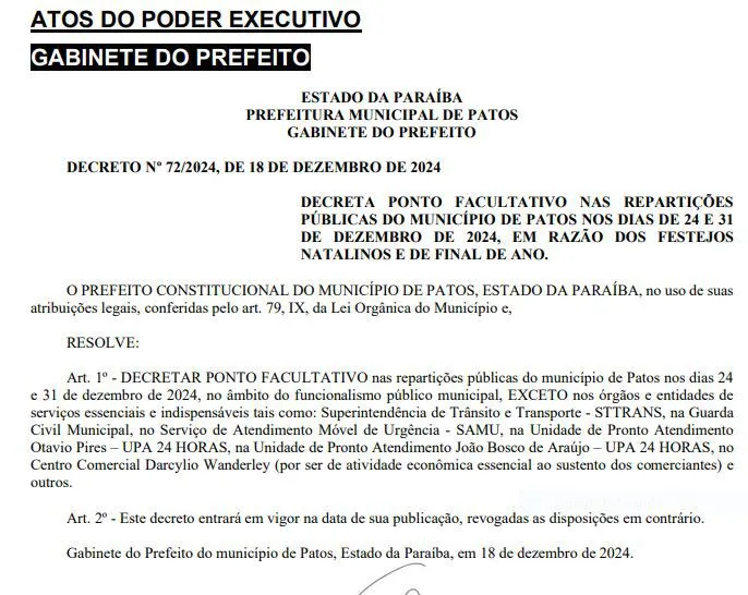 Prefeitura de Patos decreta ponto facultativo nos dias 24 e 31 de dezembro
