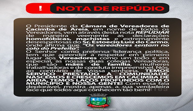 Presidente da CM de Cacimba de Areia repudia fala de integrante da oposição 