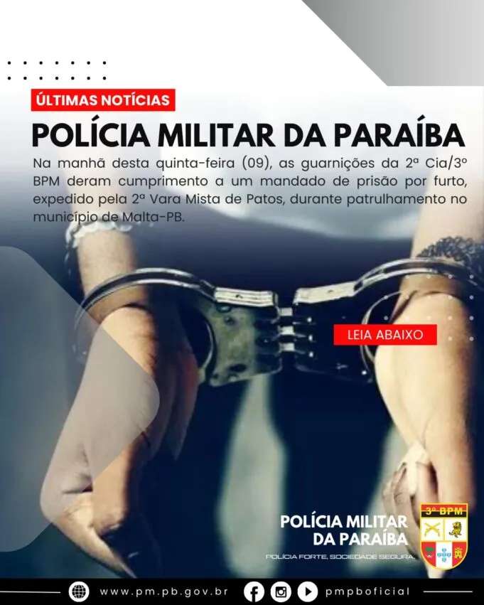 Polícia Militar cumpre mandado de prisão em Malta