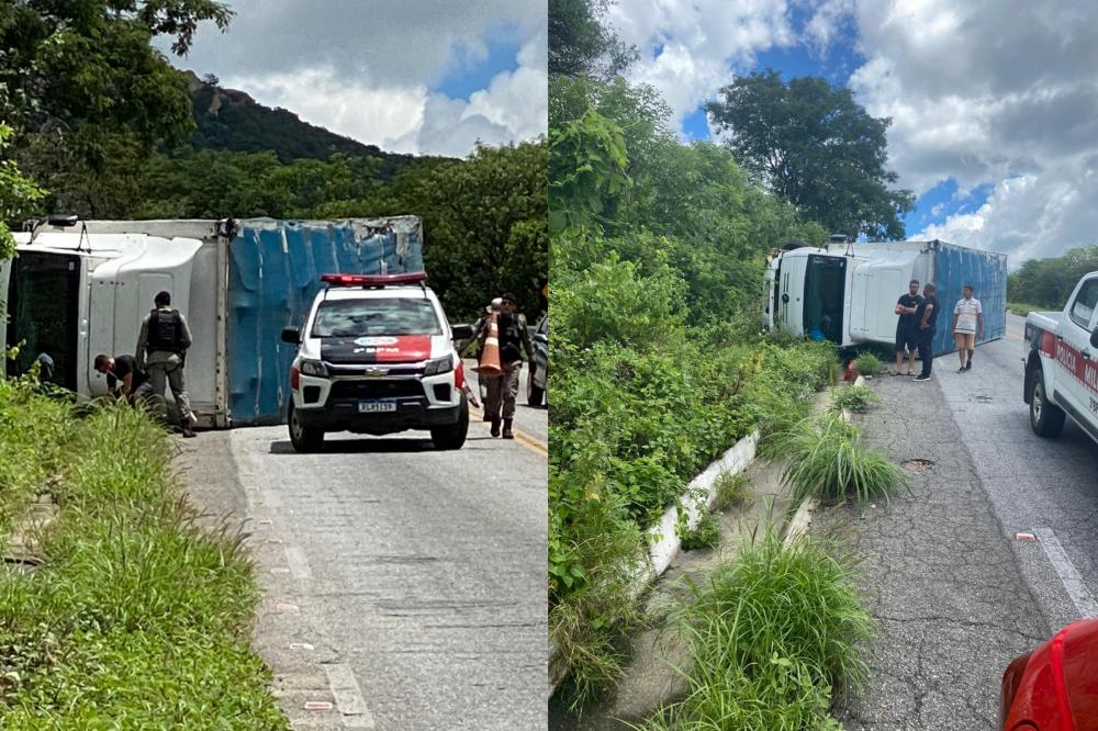 Caminhão com carga de móveis, tomba na serra do Teixeira 