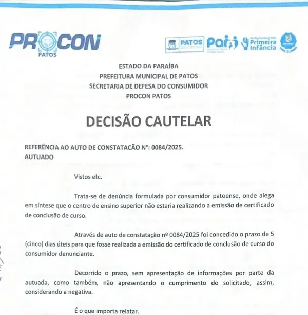 Procon notifica IES após consumidor reclamar da falta de emissão de certificado de conclusão de curso