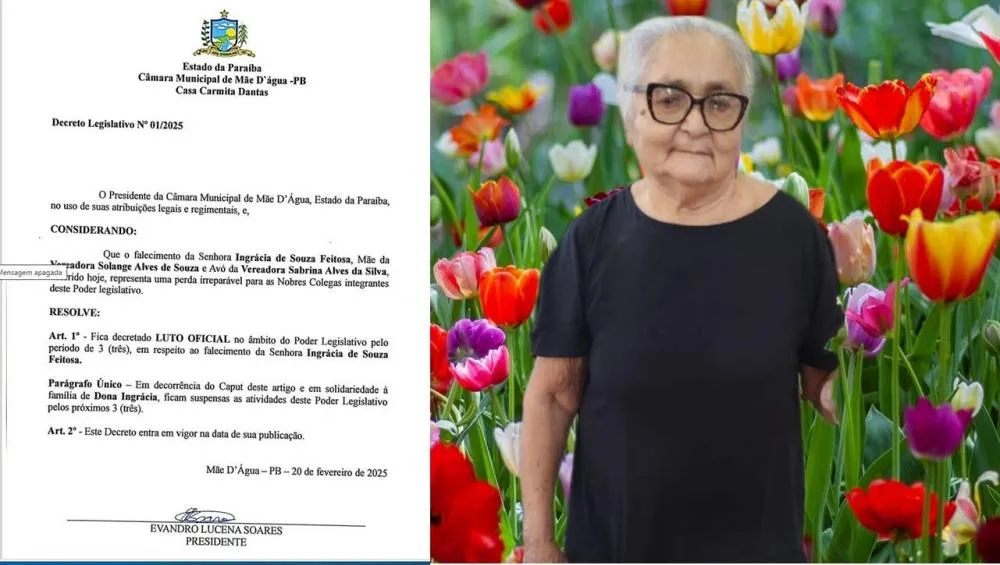 Câmara de Mãe D´água decreta Luto Oficial de três dias pelo falecimento da senhora Ingrácia de Sousa Feitosa