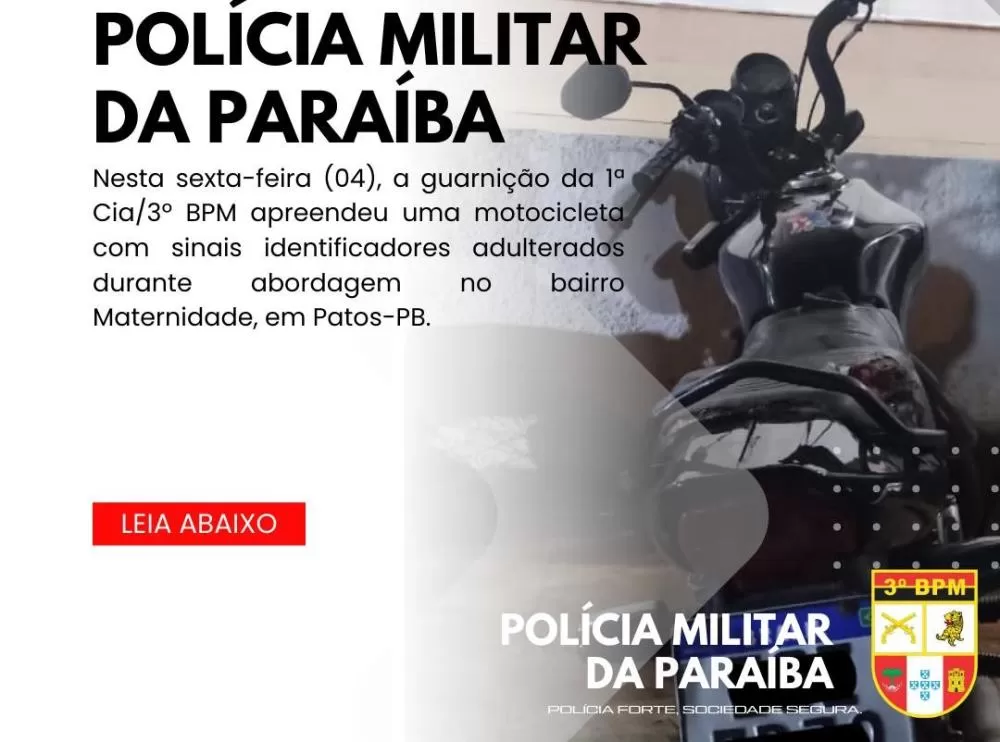 Motocicleta com sinais adulterados é apreendida durante patrulhamento em Patos