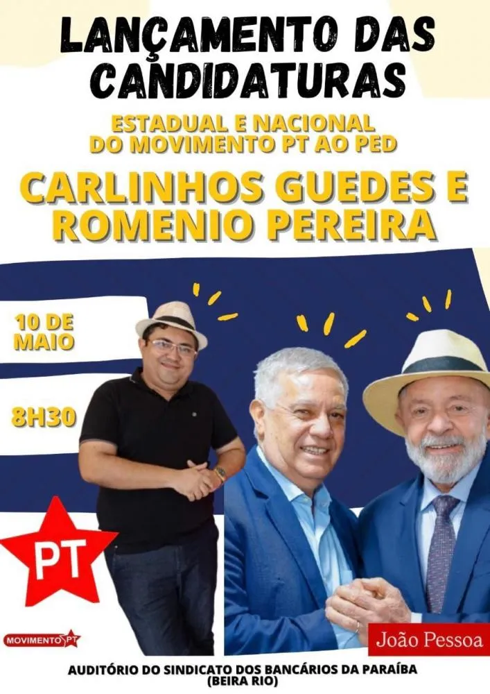 Mineiro Romenio Pereira e paraibano Carlinhos Guedes lançam próximo sábado suas candidaturas às direções nacional e estadual do PT