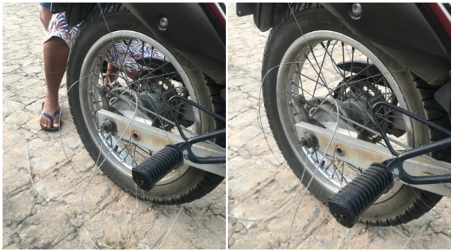 Fio de internet solto por pouco não provoca acidente grave com duas mulheres de moto em Patos
