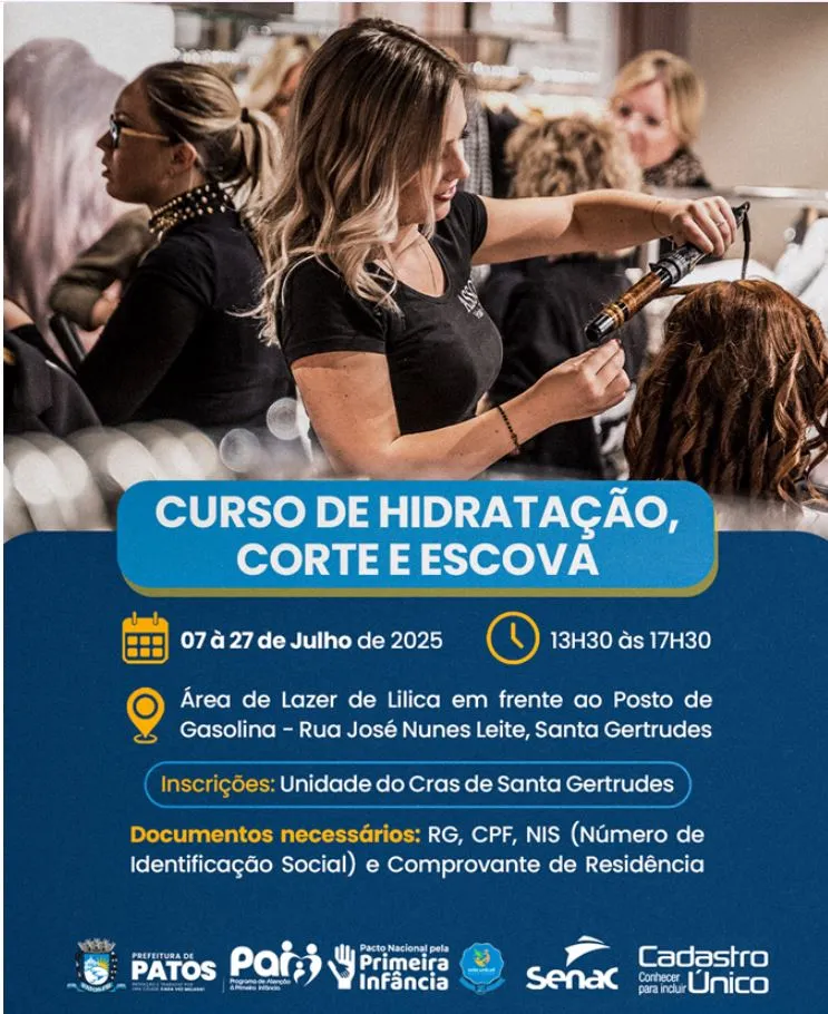 Prefeitura de Patos e SENAC abrem inscrições para curso gratuito de Hidratação, Corte e Escova em Santa Gertrudes