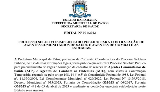 Prefeitura de Patos-PB abre processo seletivo para contratação de agentes comunitários de saúde e agentes de combate às endemias - OUÇA 