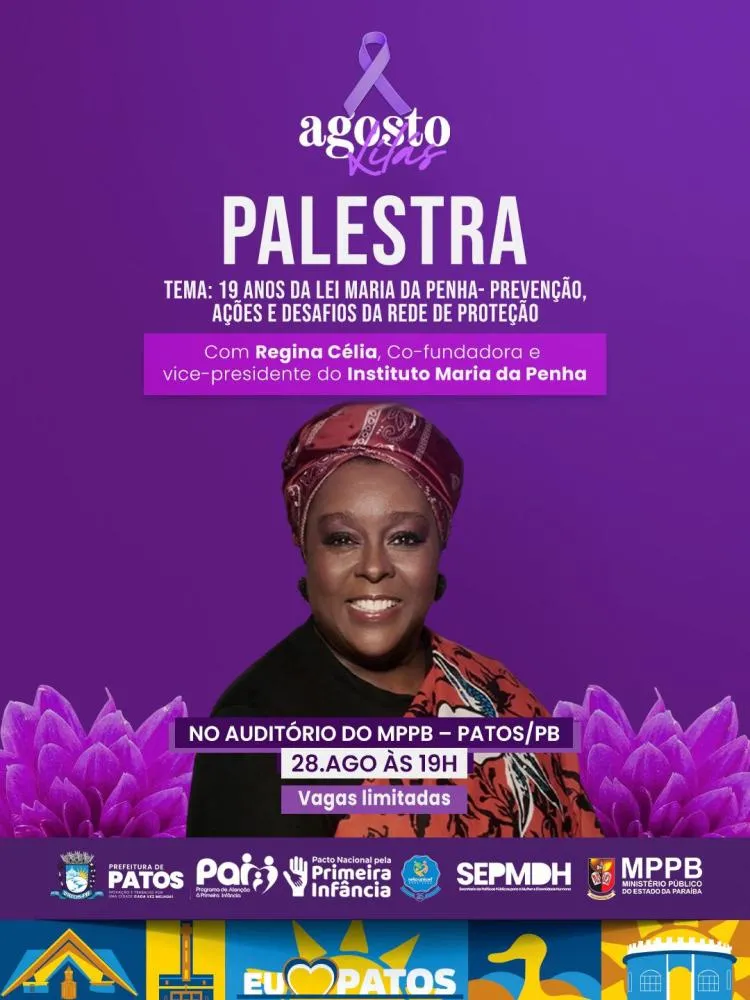 Prefeitura de Patos, por meio da Secretaria Executiva da Mulher e Diversidade Humana, realiza hoje, dia 28 de agosto, uma palestra referente ao Agosto Lilás. 