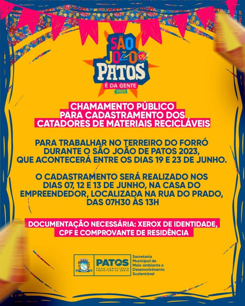 Cadastramento dos catadores de recicláveis para o São João de Patos acontecerá nos dias 7, 12 e 13 de junho