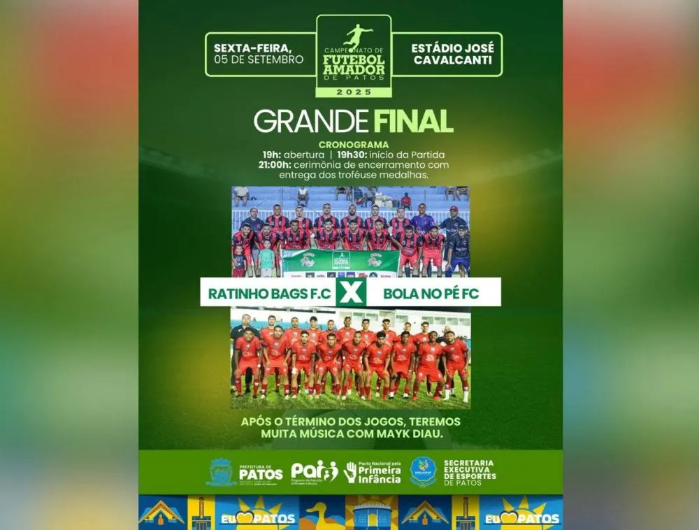 Nesta sexta (5), Ratinho Bags e Bola no Pé decidem a final do Campeonato Amador de Patos 2025