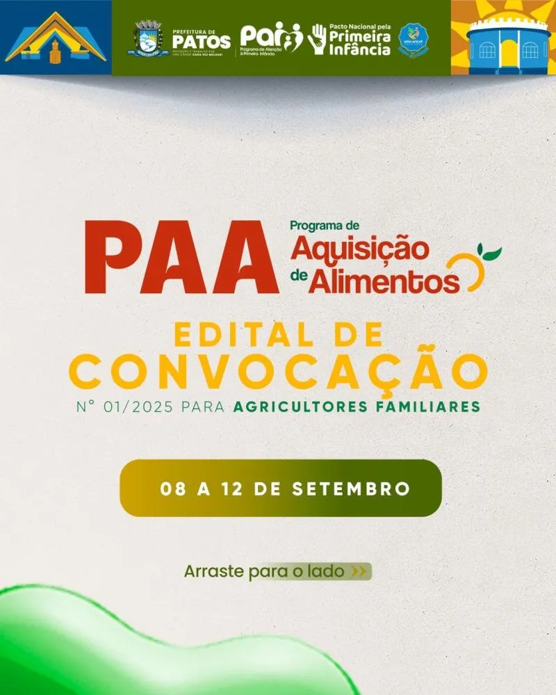 Prefeitura de Patos convoca Agricultores Familiares para o Programa de Aquisição de Alimentos (PAA)