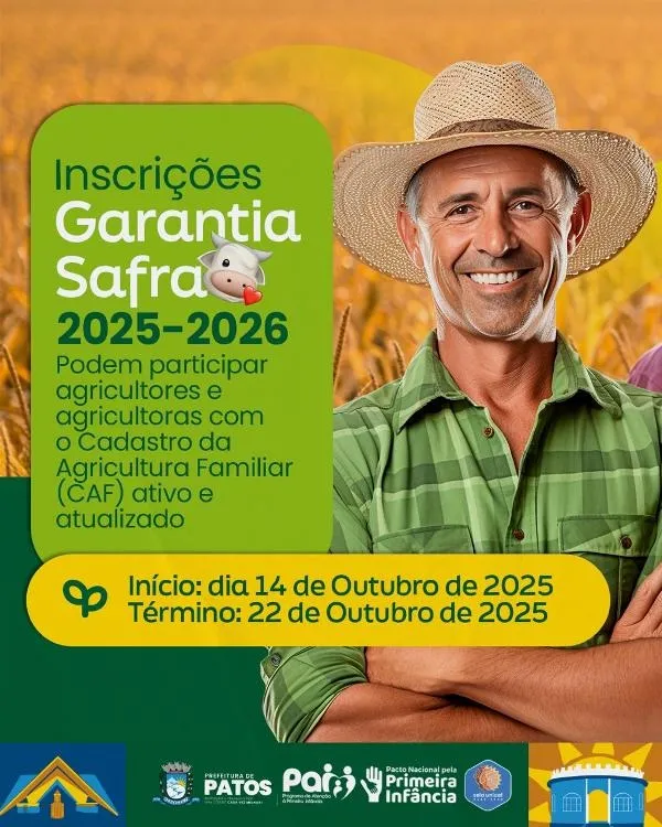 Secretaria de Agricultura de Patos informa início das inscrições do Garantia Safra 2025/2026