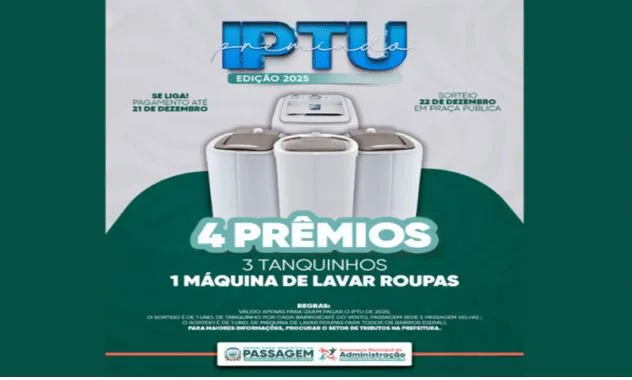 Prefeitura de Passagem intensifica campanha do IPTU Premiado de 2025