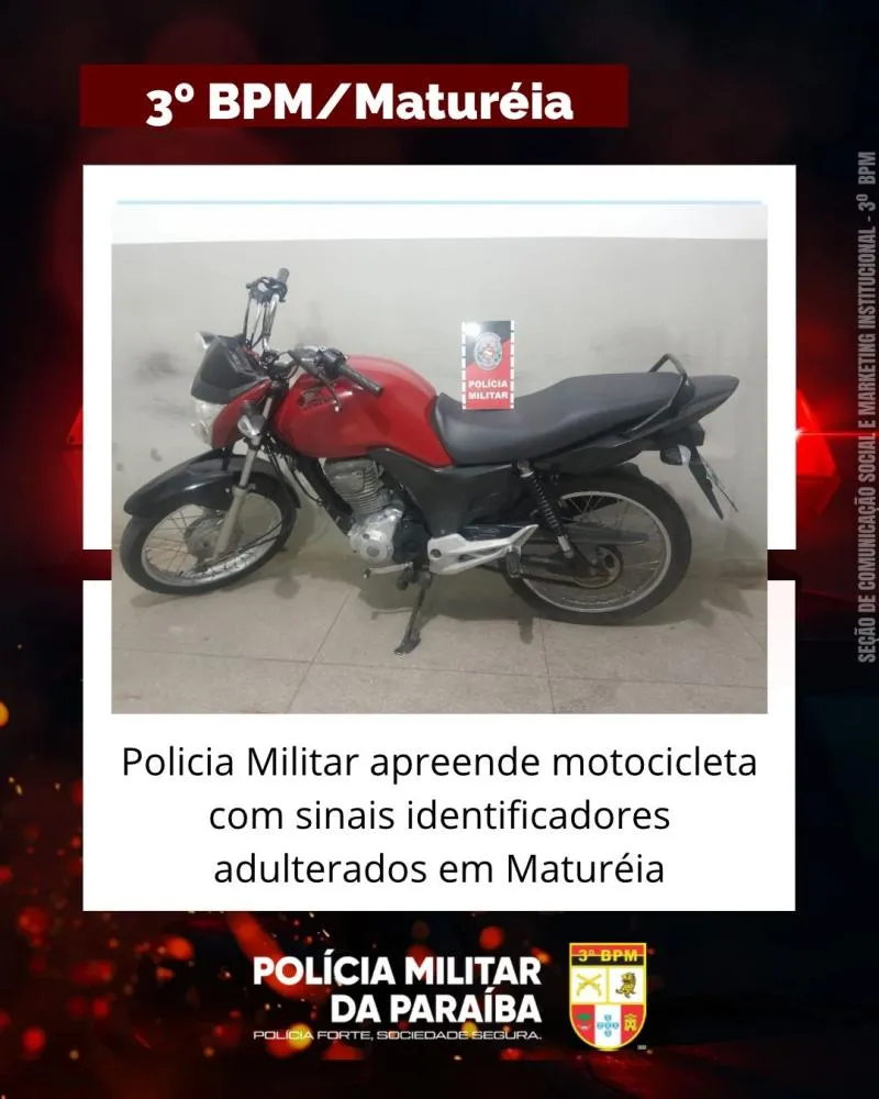 POLÍCIA MILITAR APREENDE MOTOCICLETA COM SINAIS DE ADULTERAÇÃO EM MATUREIA