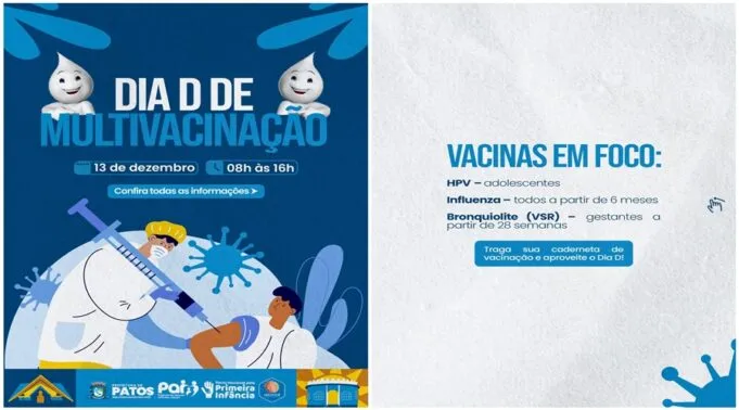 Dia D de Multivacinação acontece neste sábado, em Patos; veja os públicos que mais precisam comparecer