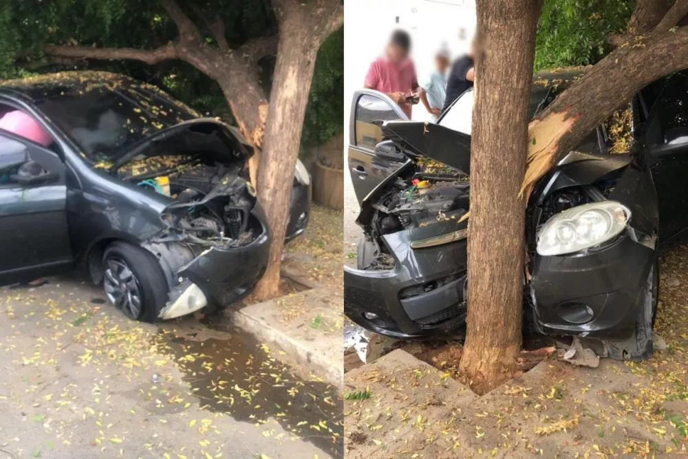 Policial militar perde controle de carro e colide em árvore; veículo fica destruído em Patos