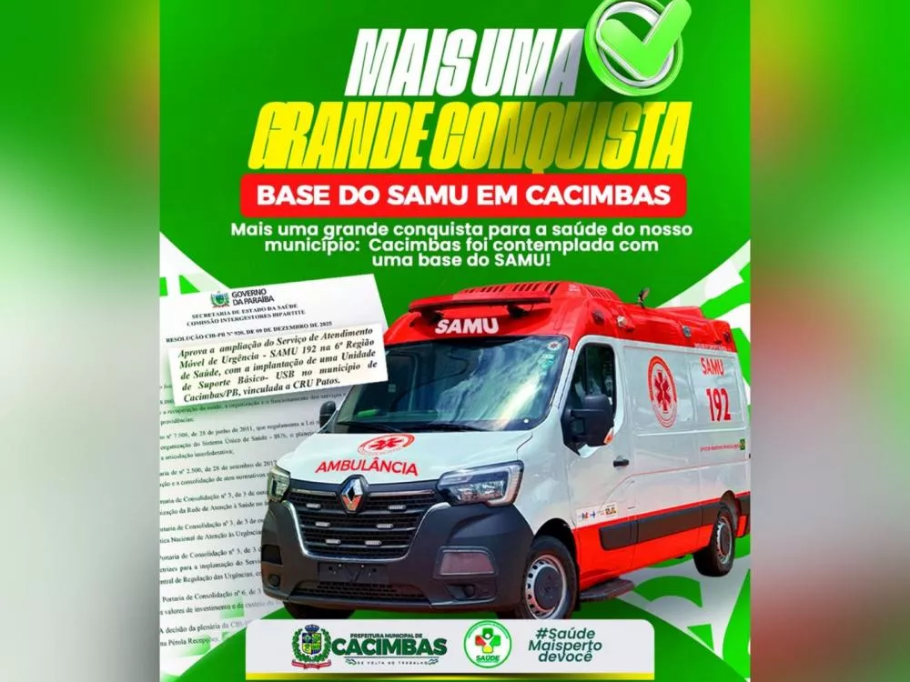 Cacimbas conquista Unidade de Suporte Básico do SAMU 192 e fortalece atendimentos de urgência