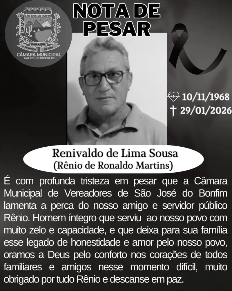 Câmara de São José do Bonfim emite nota de pesar pelo falecimento do Servidor Público Renivaldo de Lima Souza 
