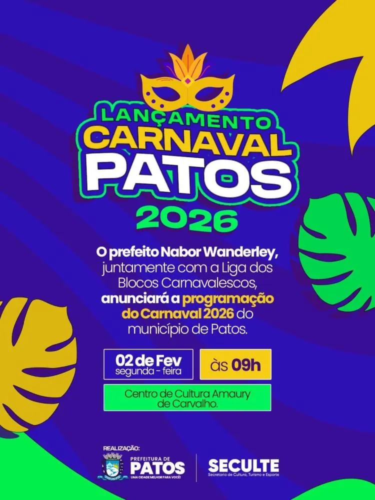 Programação do Carnaval 2026 de Patos será anunciada nesta segunda-feira, 2 de fevereiro