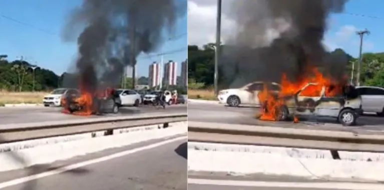 Carro pega fogo na BR-230 e causa grande congestionamento em João Pessoa