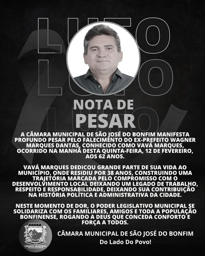 Nota de Pesar da Câmara Municipal de São José do Bonfim 