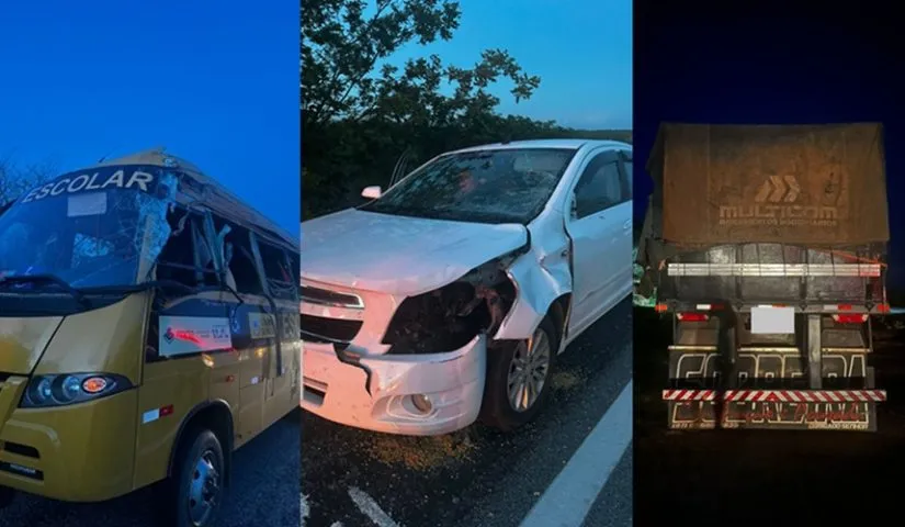Acidente com carreta, ônibus escolar e carro deixa estudante em estado grave entre Pombal e Aparecida