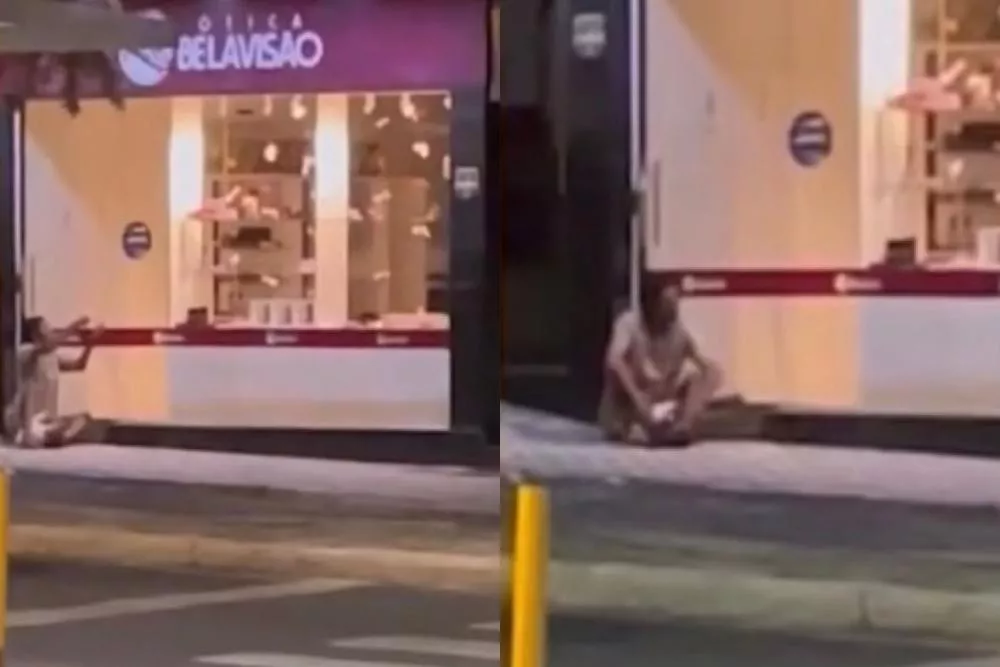 Imagens mostram homem tentando invadir ótica durante a noite deste domingo (8) no Centro de Patos