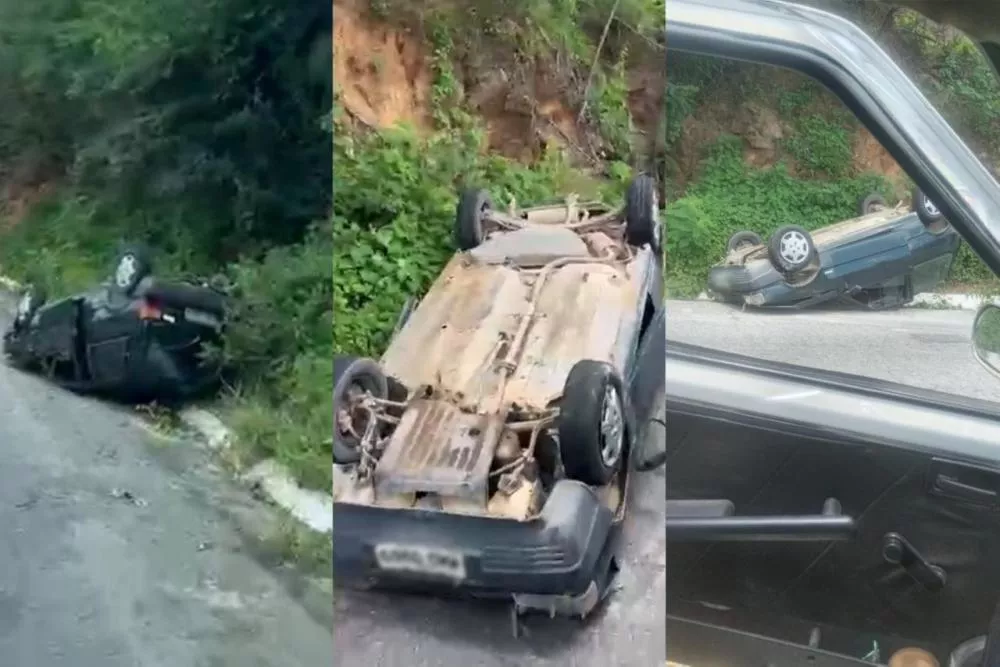 Carro capota na descida da Serra do Teixeira após falha no freio