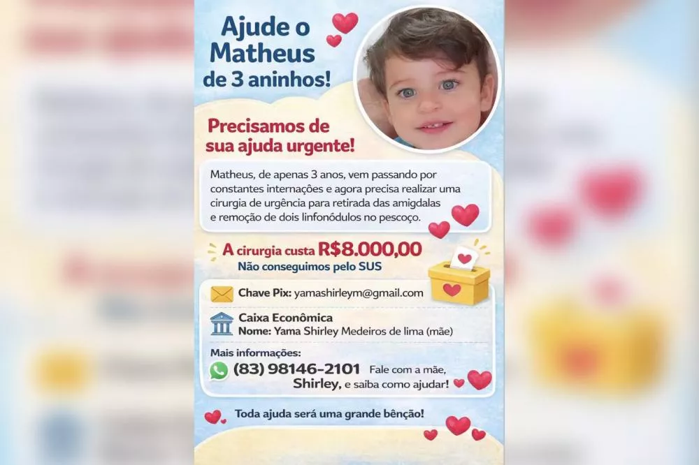 Família de criança de 3 anos em Patos faz campanha para custear cirurgia de urgência no valor de R$ 8 mil